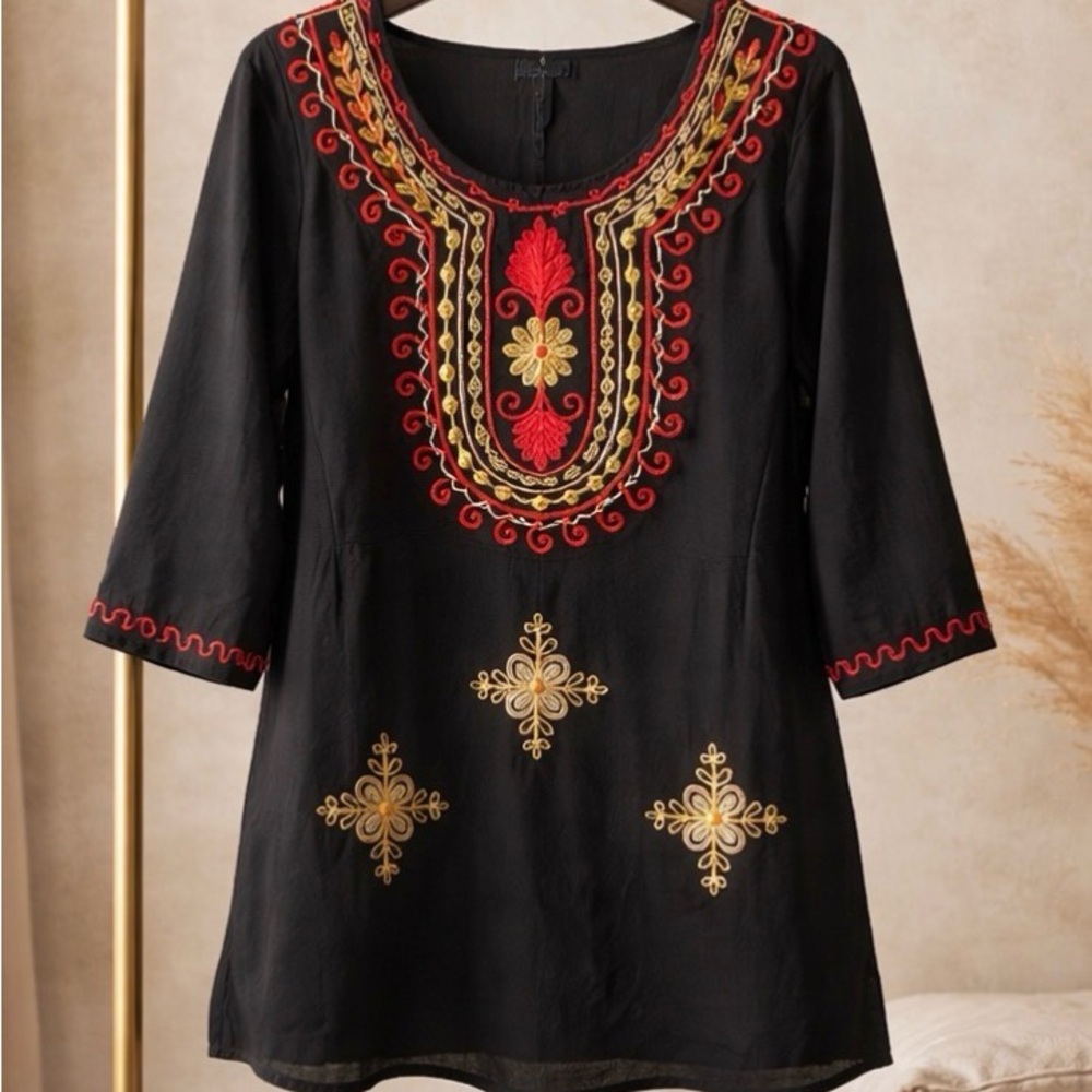 Chic Black Tunic with Red and Gold Embroidery